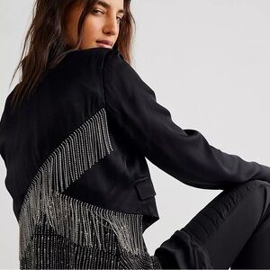 Free People ‘Deena’ Cropped Blazer Rhinestone Fringe Black Satin Blazer M EUC